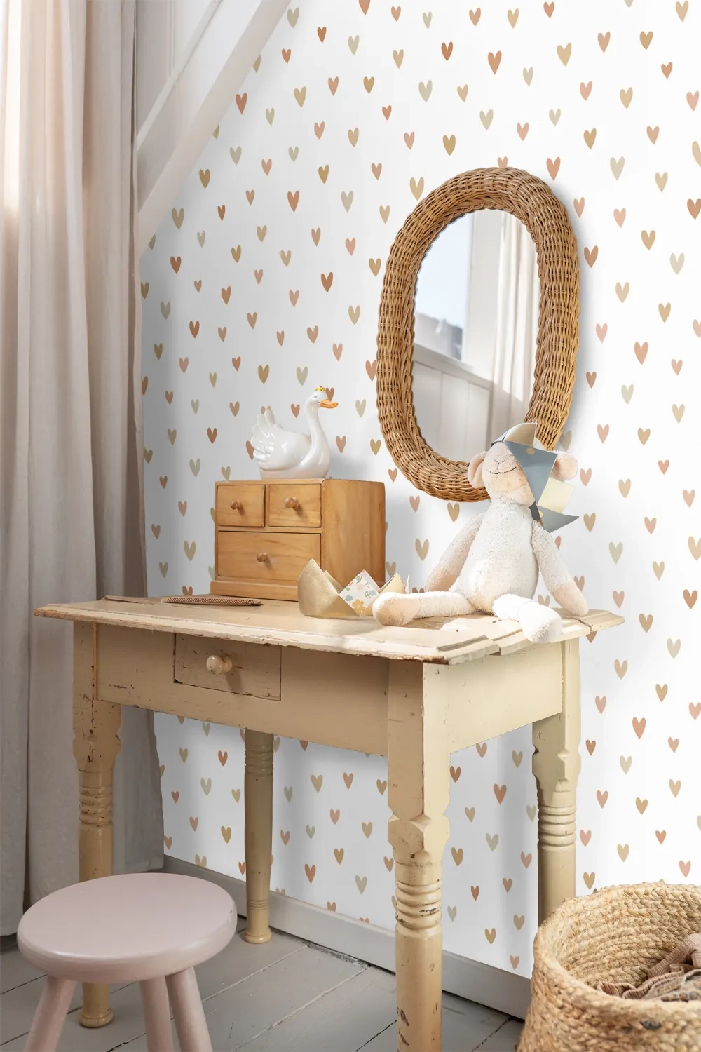 Gyerek dekor tapéta szivecske mintás barack és beige színben