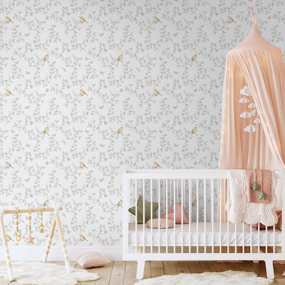 Gyerek dekor tapéta szürke színben madarak és pillangók a faágakon mintával