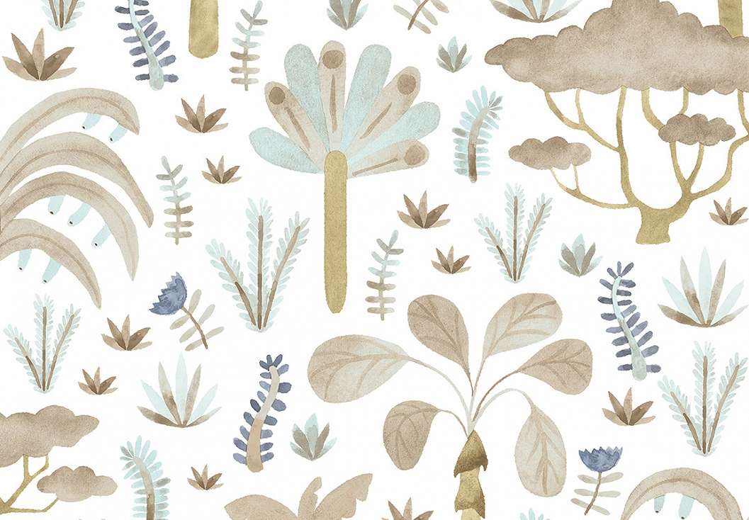 Gyerek dekor tapéta trópusi növények mintával beige és kék színben