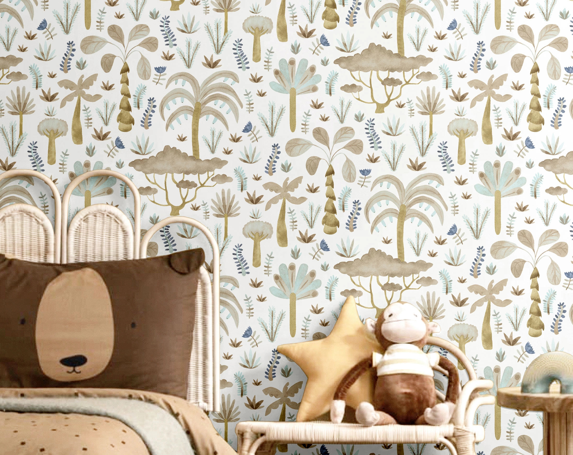 Gyerek dekor tapéta trópusi növények mintával beige és kék színben