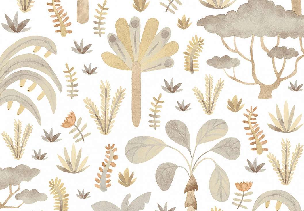 Gyerek dekor tapéta trópusi növények mintával beige és sárga színben