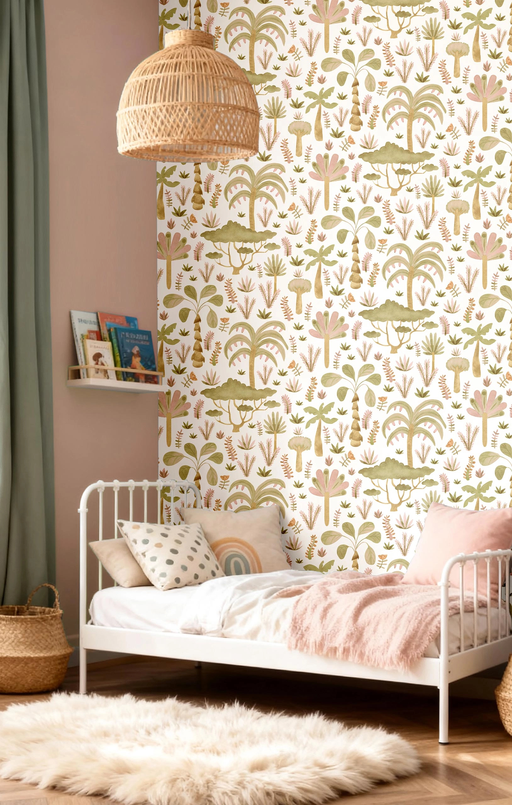 Gyerek dekor tapéta trópusi növények mintával beige és sárga színben