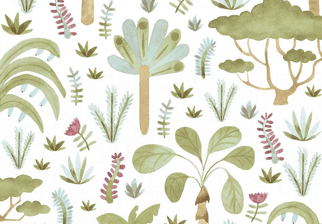 Gyerek dekor tapéta trópusi növények mintával zöld és lila színben