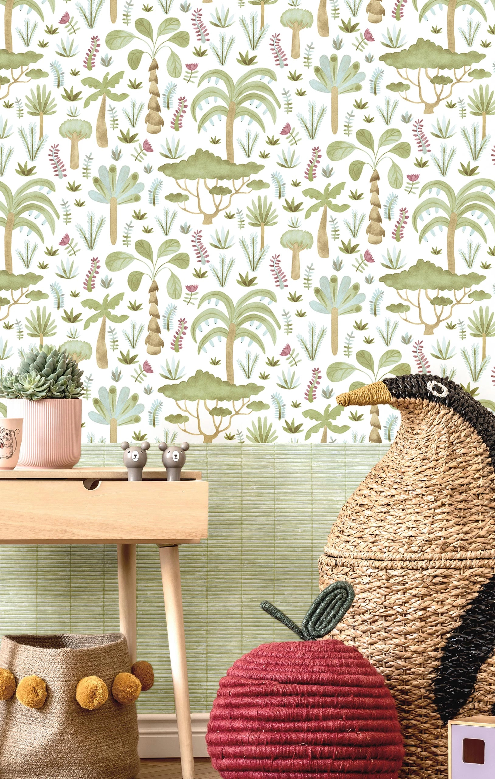 Gyerek dekor tapéta trópusi növények mintával zöld és lila színben