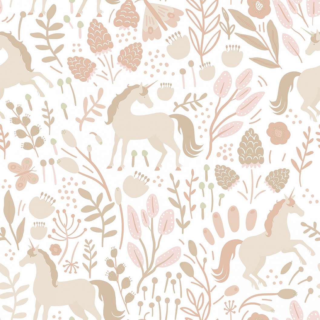 Gyerek dekor tapéta unikornis mintás beige és fehér színben