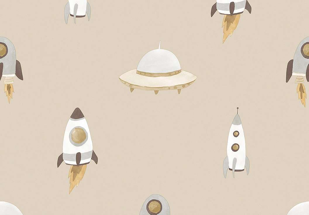 Gyerek dekor tapéta űrhajó mintával beige színben