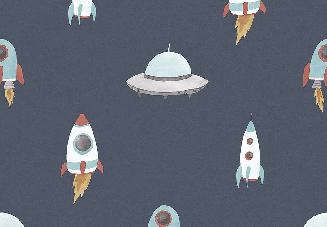 Gyerek dekor tapéta űrhajó mintával fekete színben