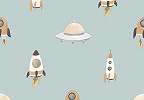 Gyerek dekor tapéta űrhajó mintával kék színben