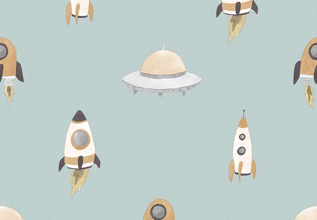 Gyerek dekor tapéta űrhajó mintával kék színben