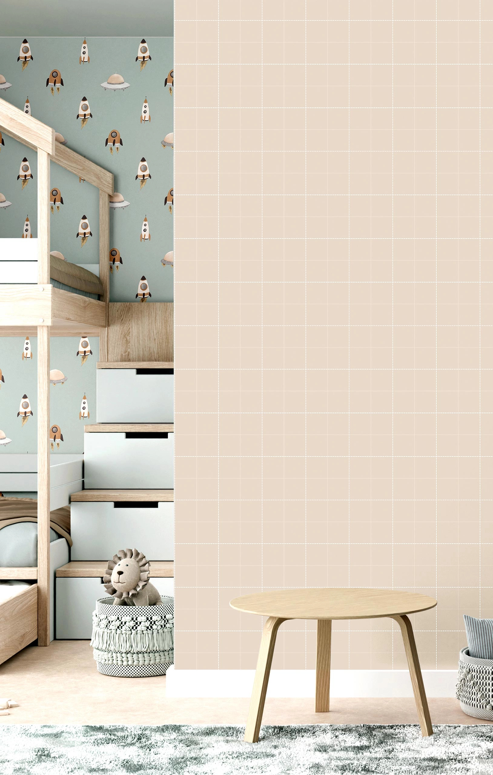Gyerek dekor tapéta űrhajó mintával kék színben