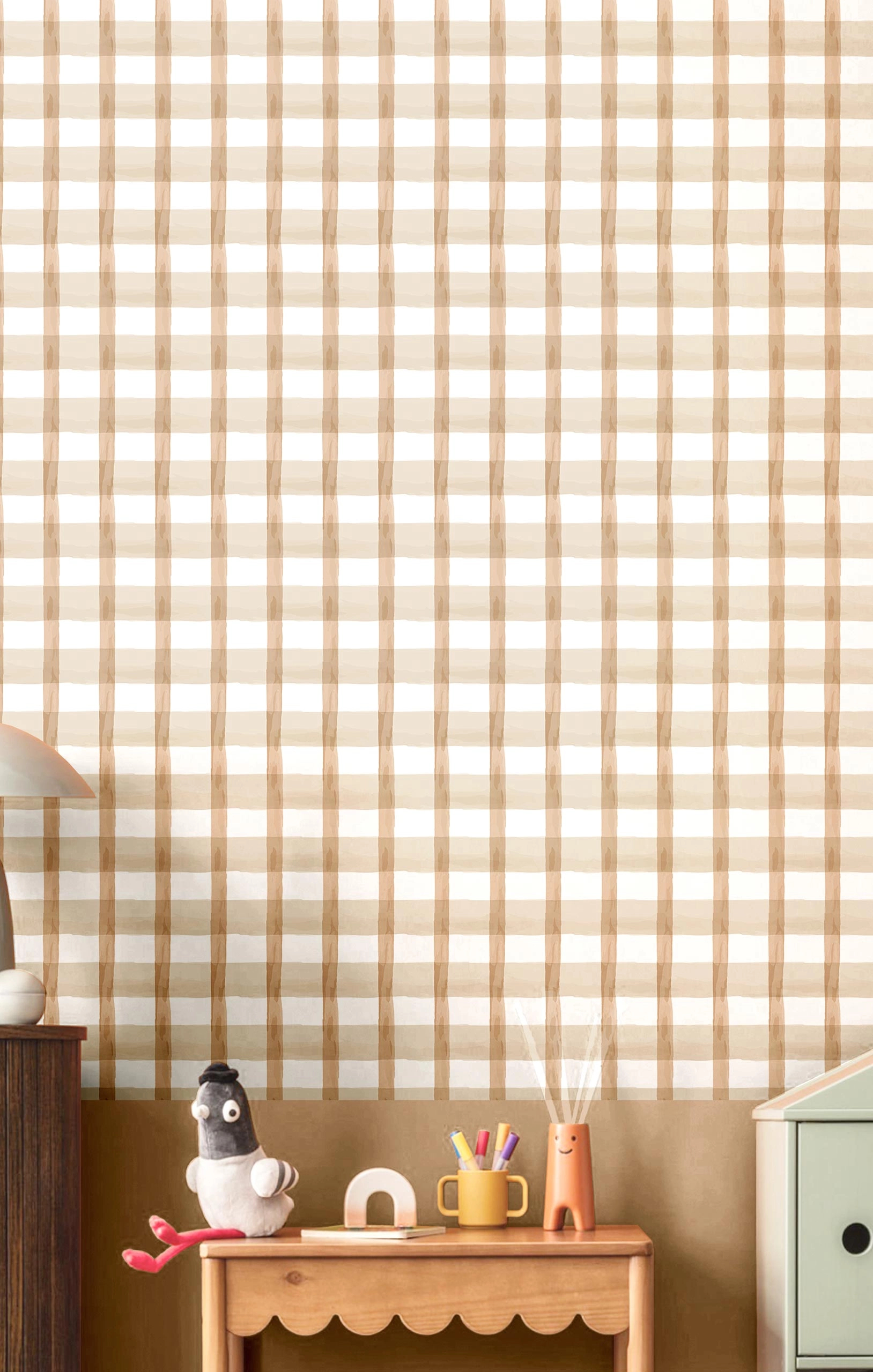 Gyerek dekor tapéta vegyes keresztbe csíkos mintával barna színben