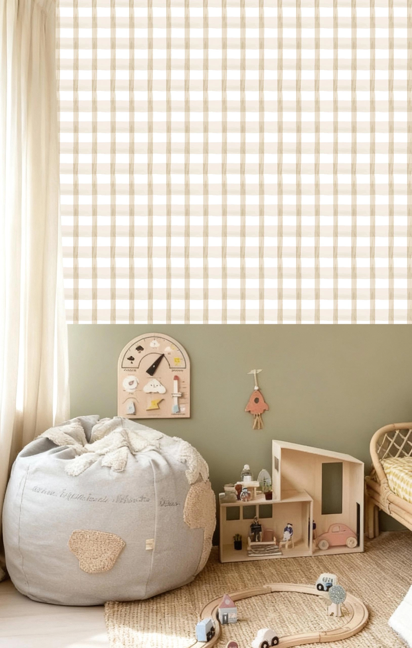 Gyerek dekor tapéta vegyes keresztbe csíkos mintával beige színben