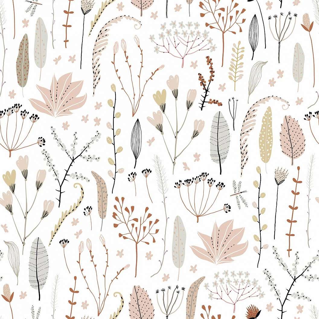 Gyerek dekor tapéta virág és levél mintás beige és fehér színben