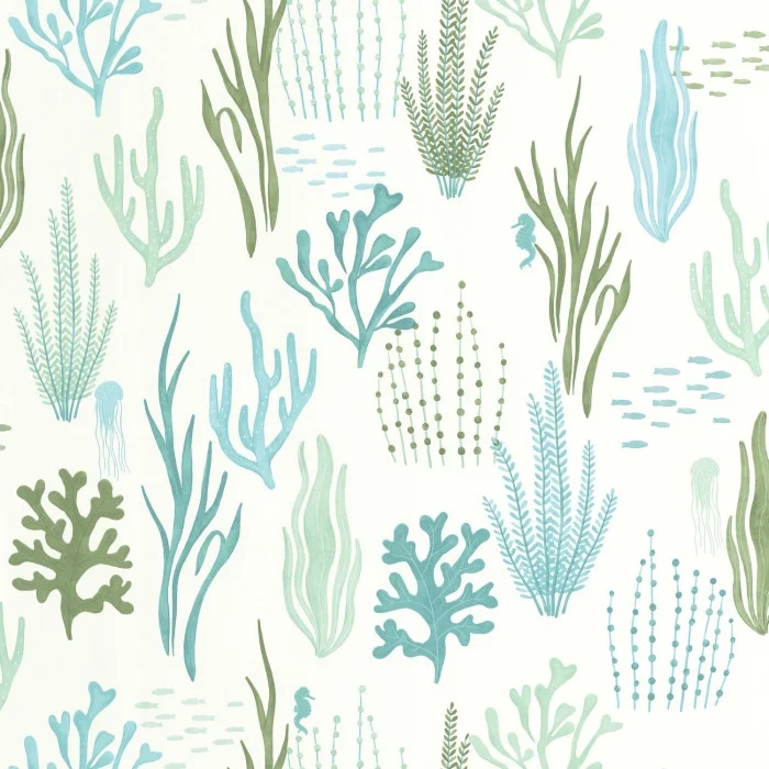 Gyerek dekor tapéta zöldes kék tengeri élővilág mintákkal