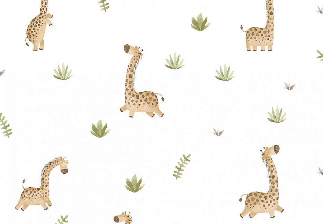 Gyerek dekor tapéta zsiráf mintával zöld levél színben