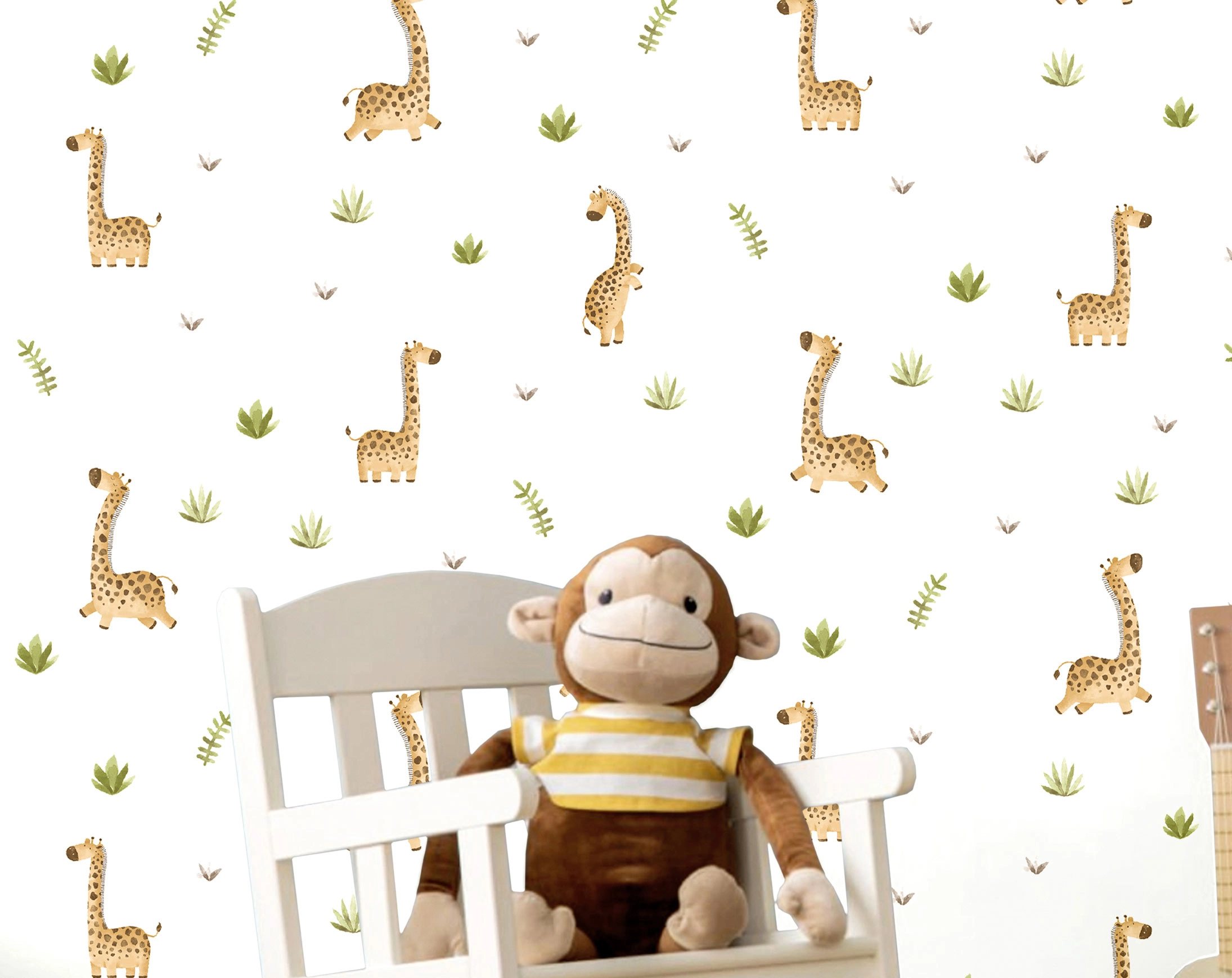 Gyerek dekor tapéta zsiráf mintával zöld levél színben