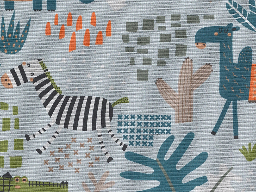 Gyerek design függöny textil zebra viziló és teve mintával rajzolt sítlusban kékes alapon