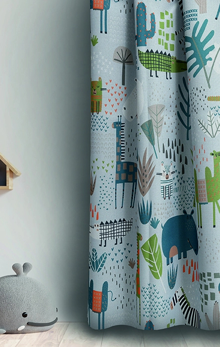 Gyerek design függöny textil zebra viziló és teve mintával rajzolt sítlusban kékes alapon