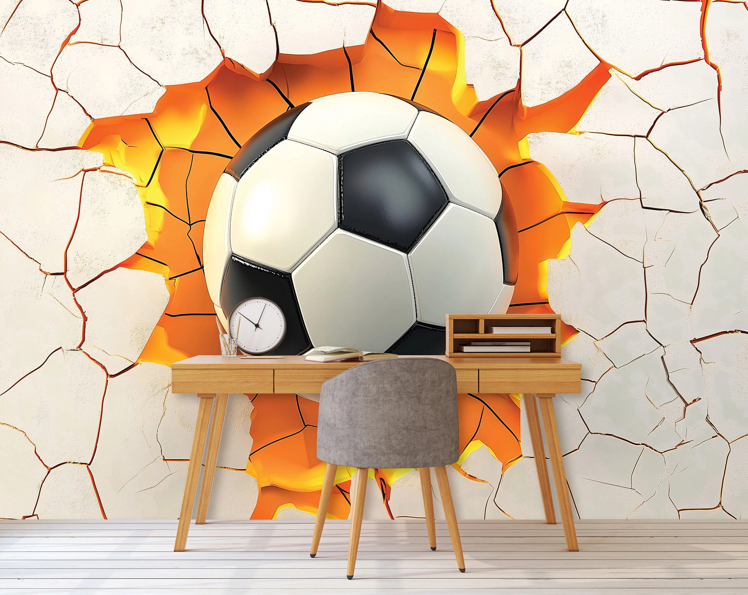 Gyerek fotótapéta a falat áttöri a futballabda narancssárga színben színben 368x254 vlies