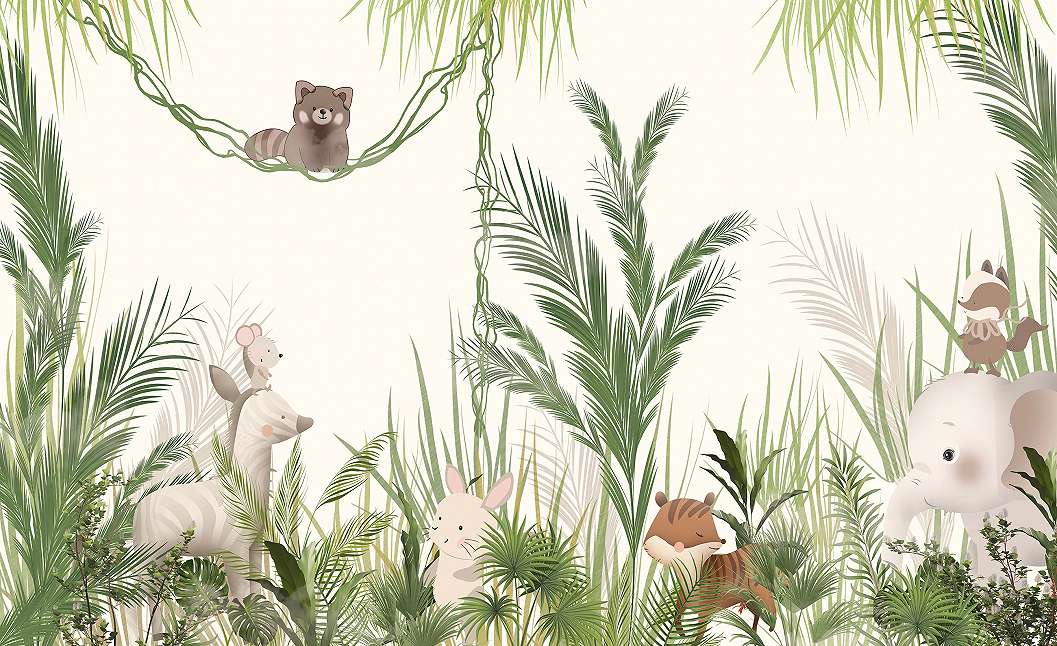 Gyerek fotótapéta állatok a dzsungelben stilizált rajzolattal pasztell lágy színekkel 368x254 vlies