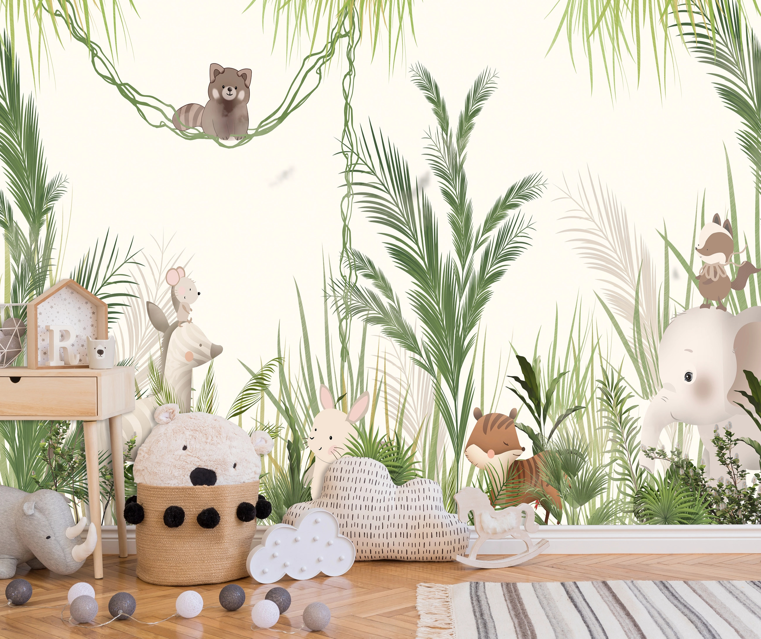 Gyerek fotótapéta állatok a dzsungelben stilizált rajzolattal pasztell lágy színekkel 368x254 vlies