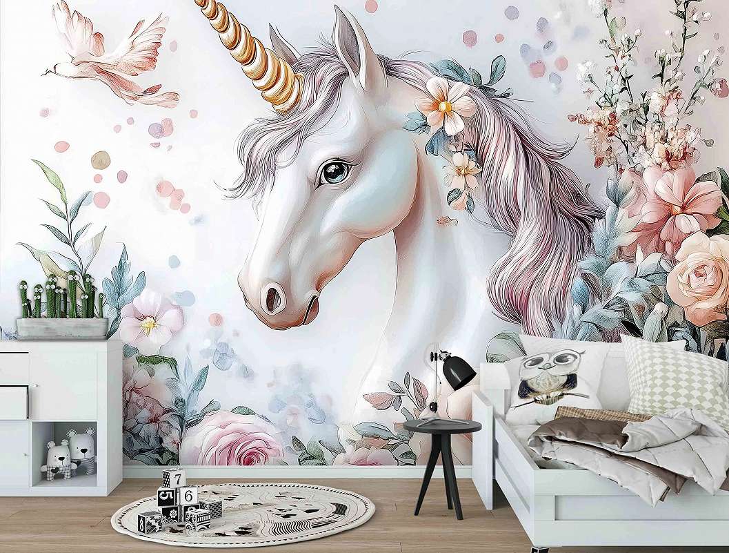 Gyerek fotótapéta egyszarvú és virág mintával 368x254 vlies