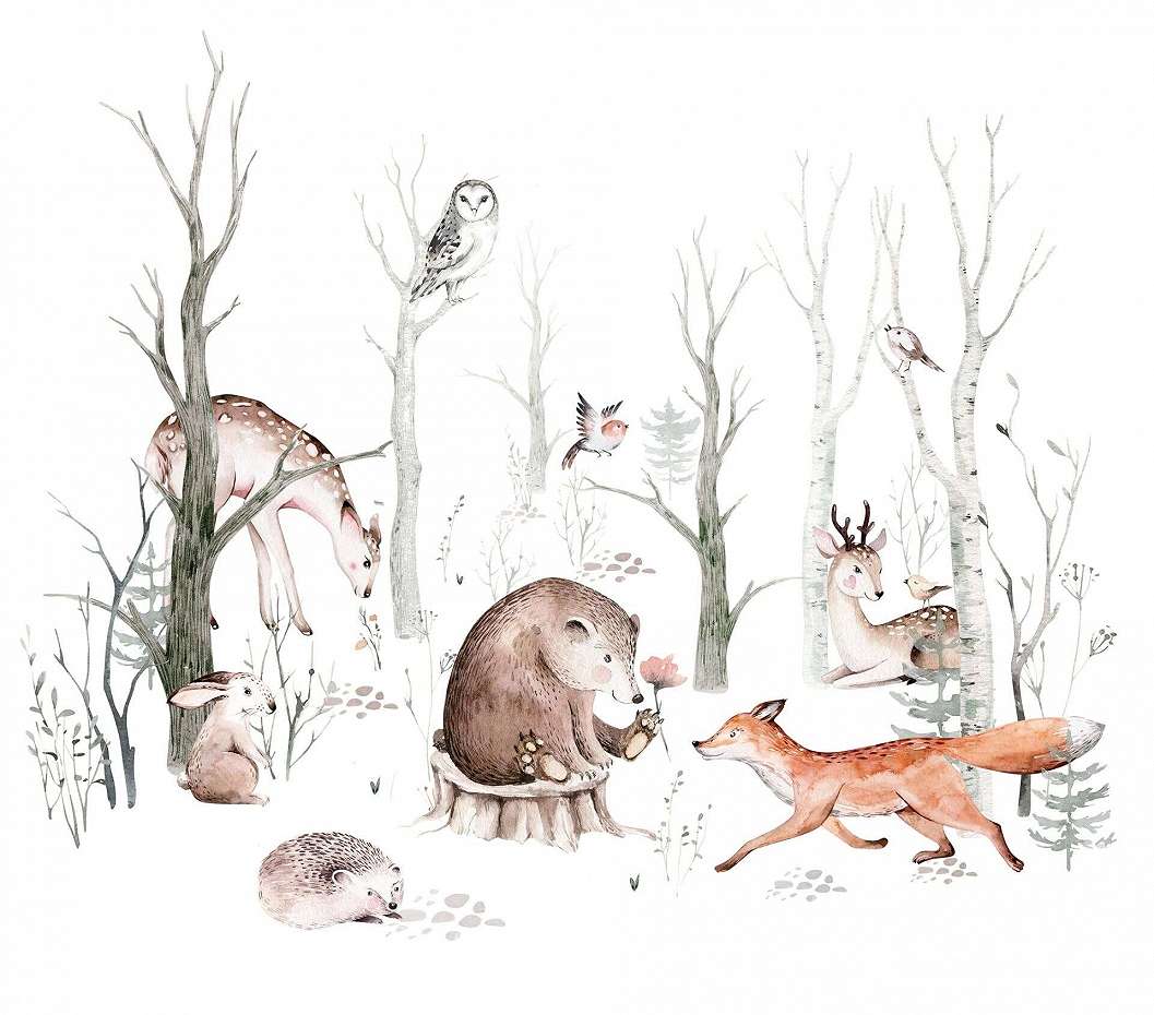 Gyerek fotótapéta erdei állatok a fák között mintával