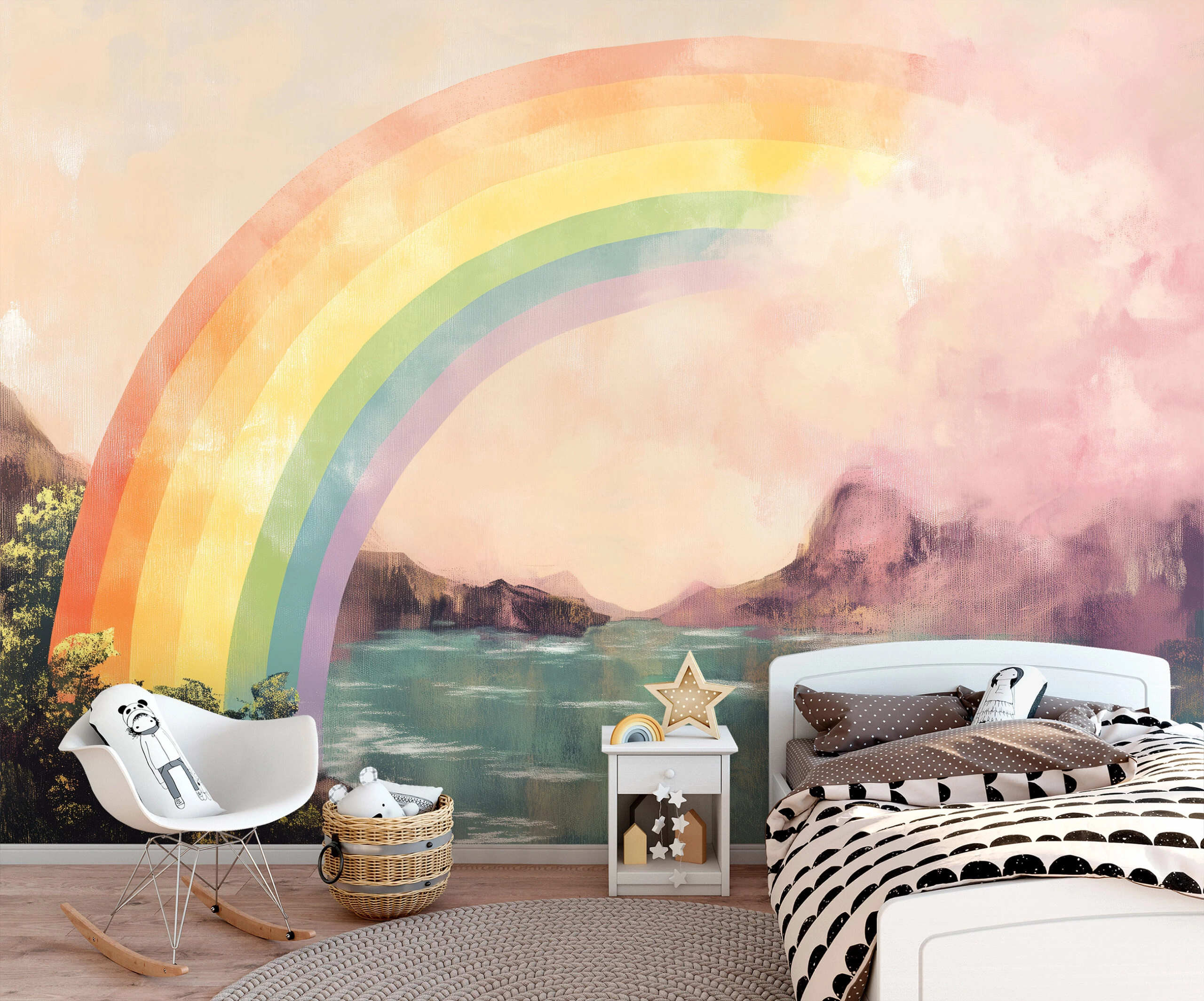 Gyerek fotótapéta festett hatású tájkép szivárvánnyal minta 368x254 vlies