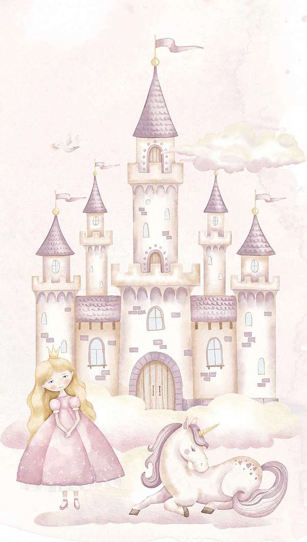 Gyerek fotótapéta hercegnő kastély és unikornis mintával