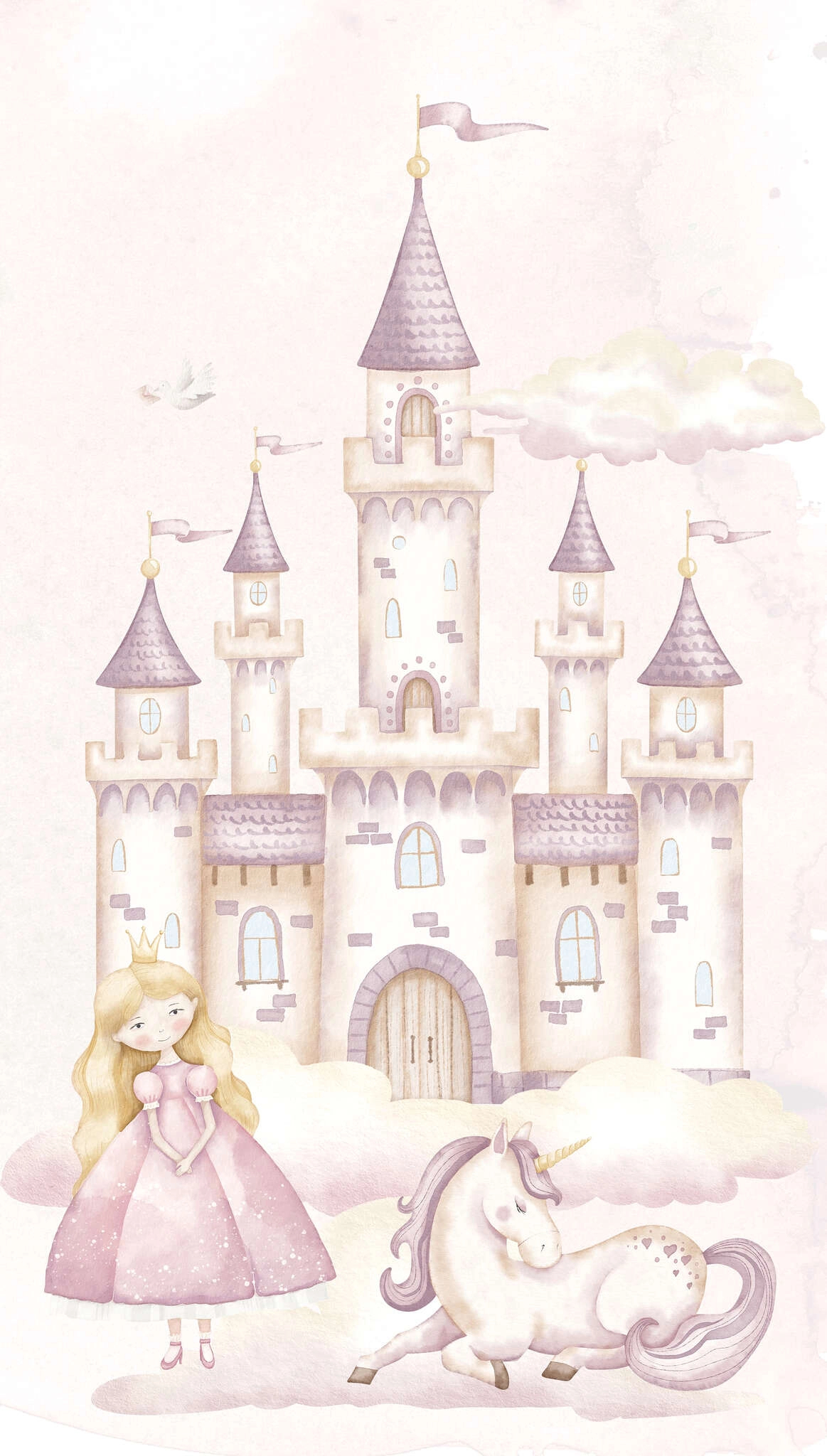 Gyerek fotótapéta hercegnő kastély és unikornis mintával