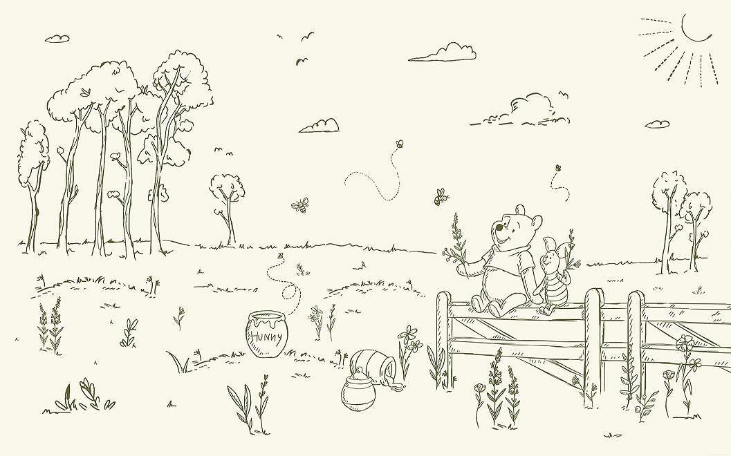 Gyerek fotótapéta krém színű vonalrajzos Micimackó és malacka mesefigurás tájkép mintával