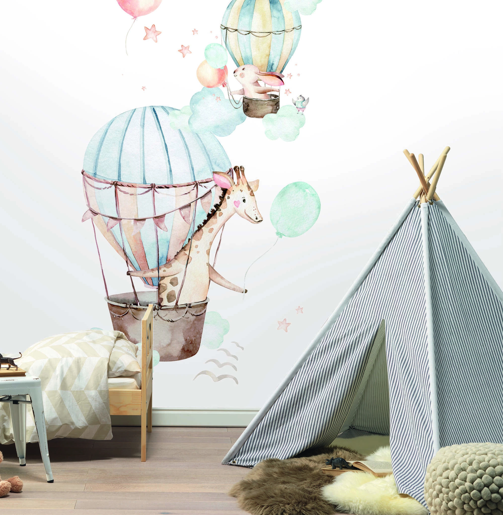 Gyerek fotótapéta léghajók zsiráffal és nyuszival mintával
