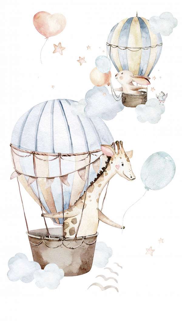 Gyerek fotótapéta léghajók zsiráffal és nyuszival mintával