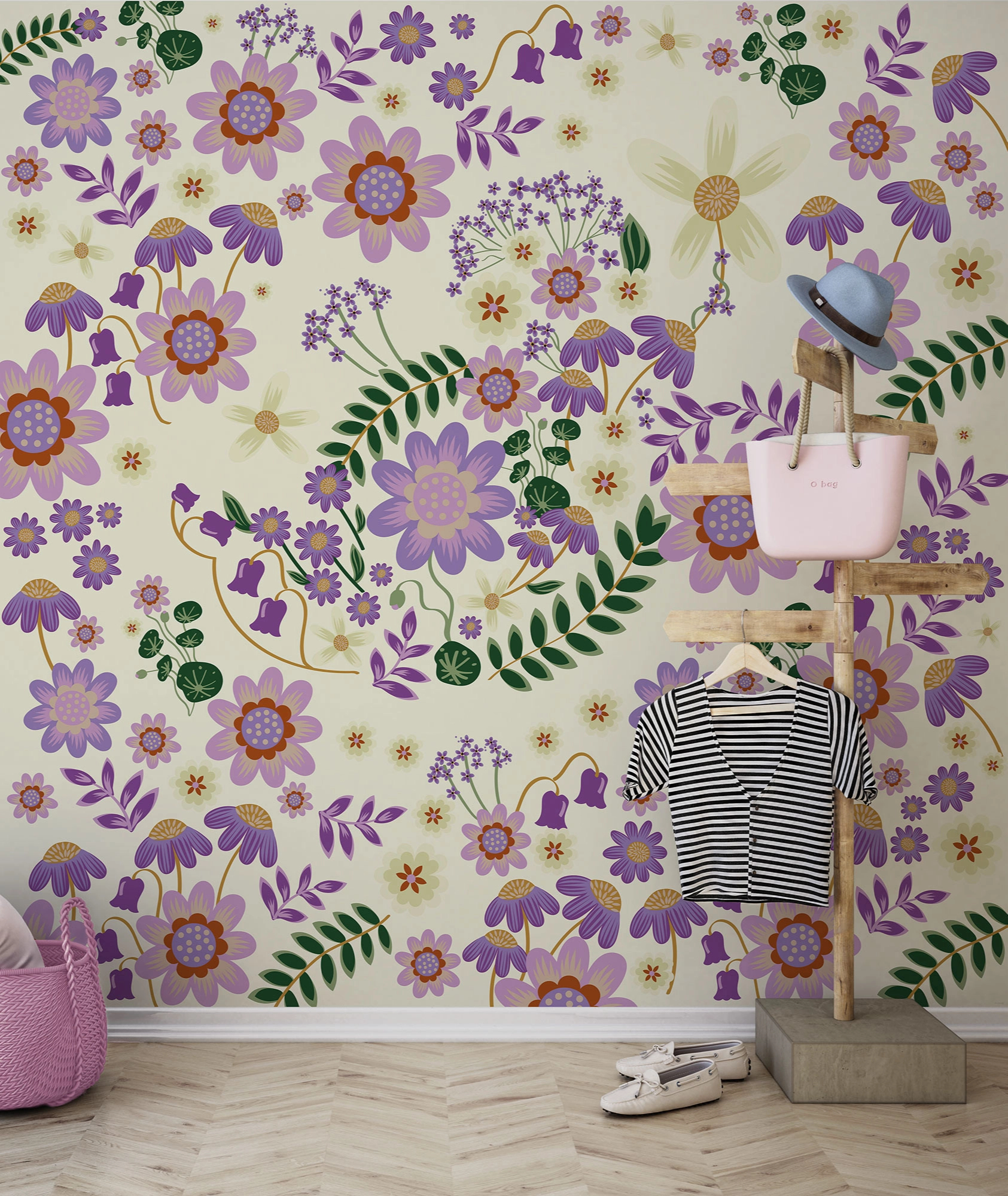 Gyerek fotótapéta Minnie egér virágos kertje beige alap színben