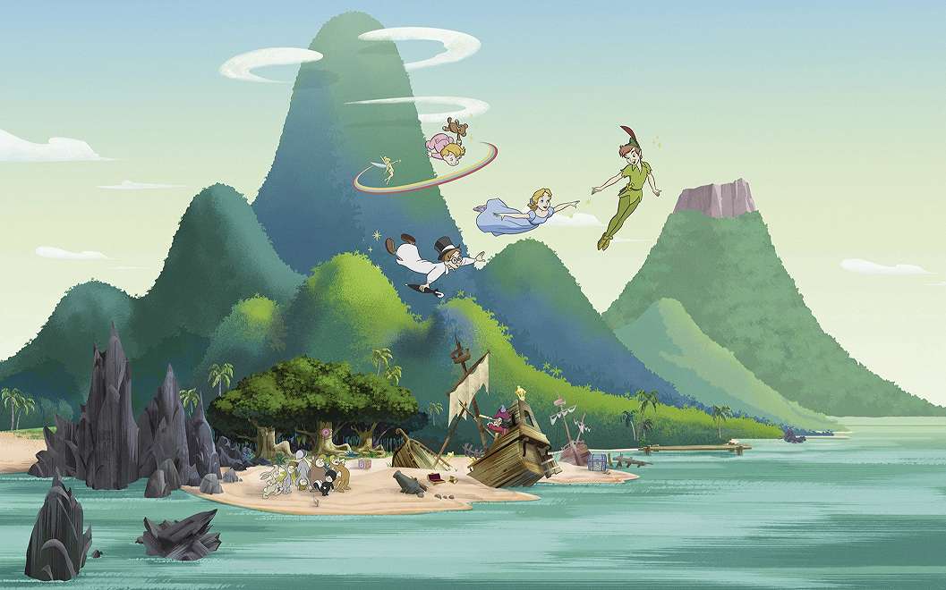 Gyerek fotótapéta Pán Péter és az elveszett fiúk mesefiguráival és Sohaországgal