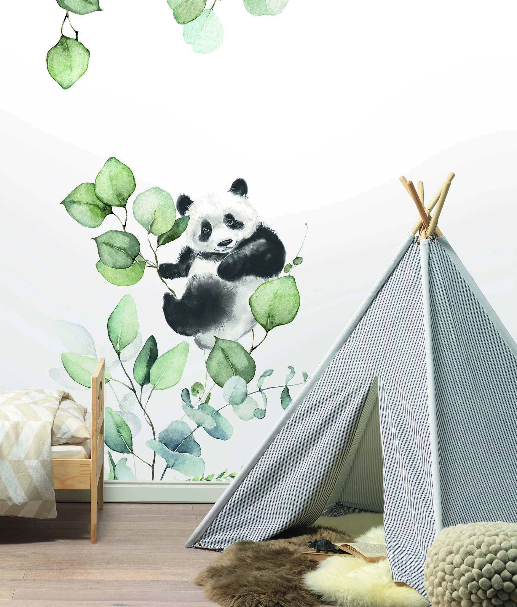 Gyerek fotótapéta panda a levelek között mintával