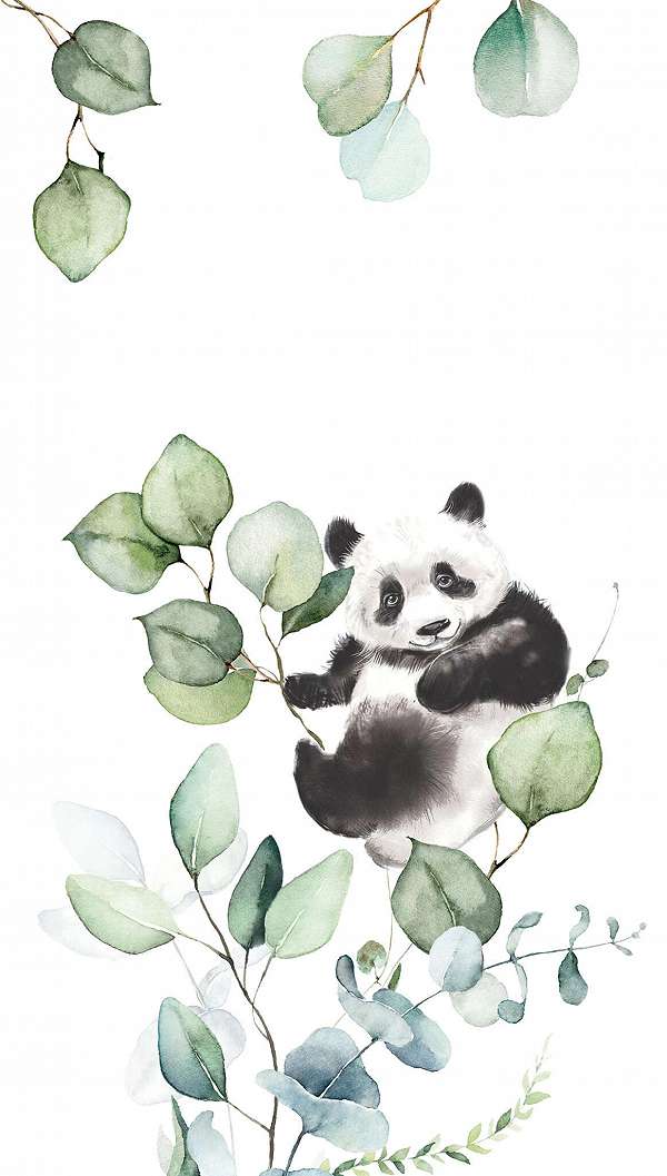 Gyerek fotótapéta panda a levelek között mintával