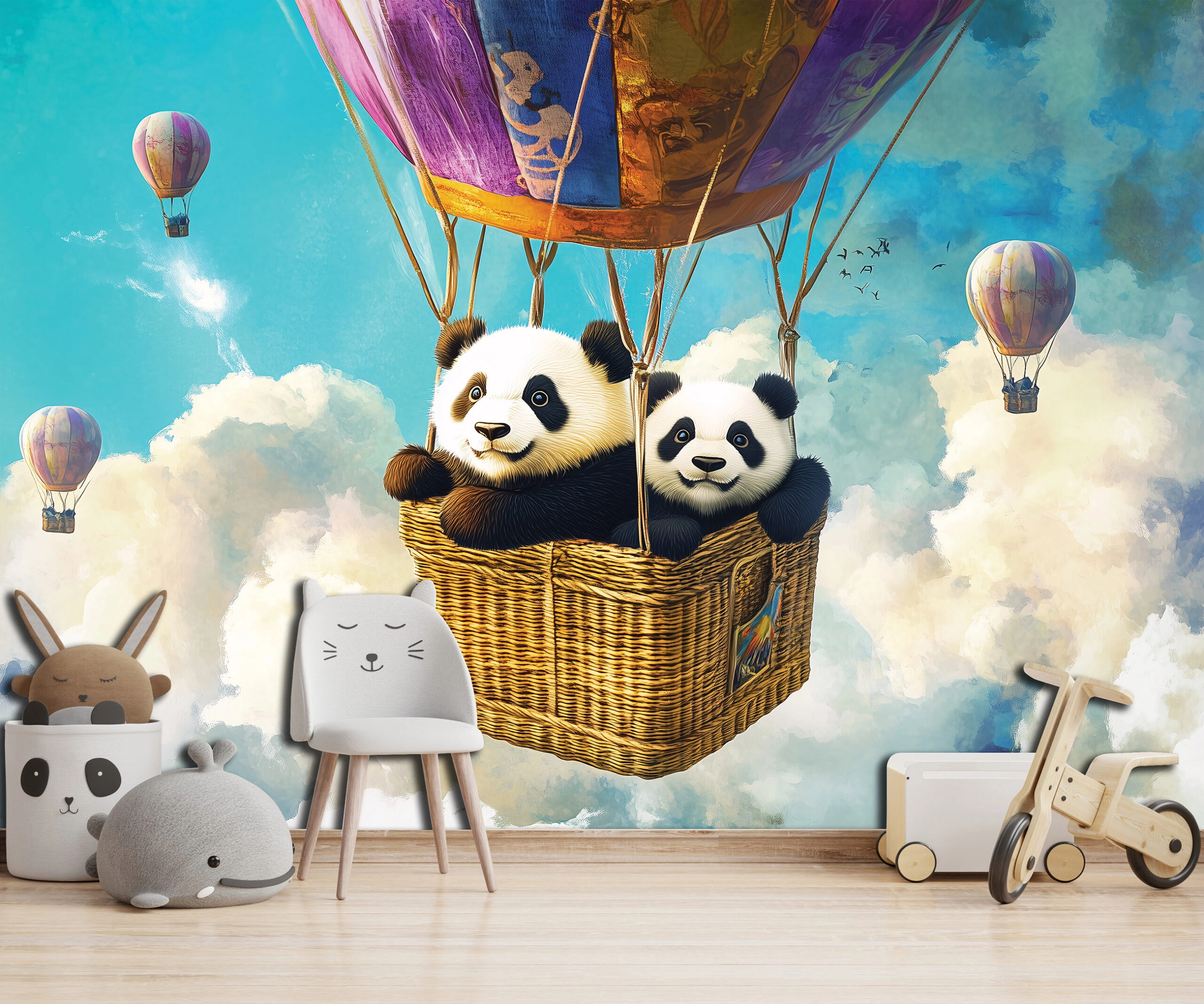 Gyerek fotótapéta panda macik a léghajó kosarában 368x254 vlies