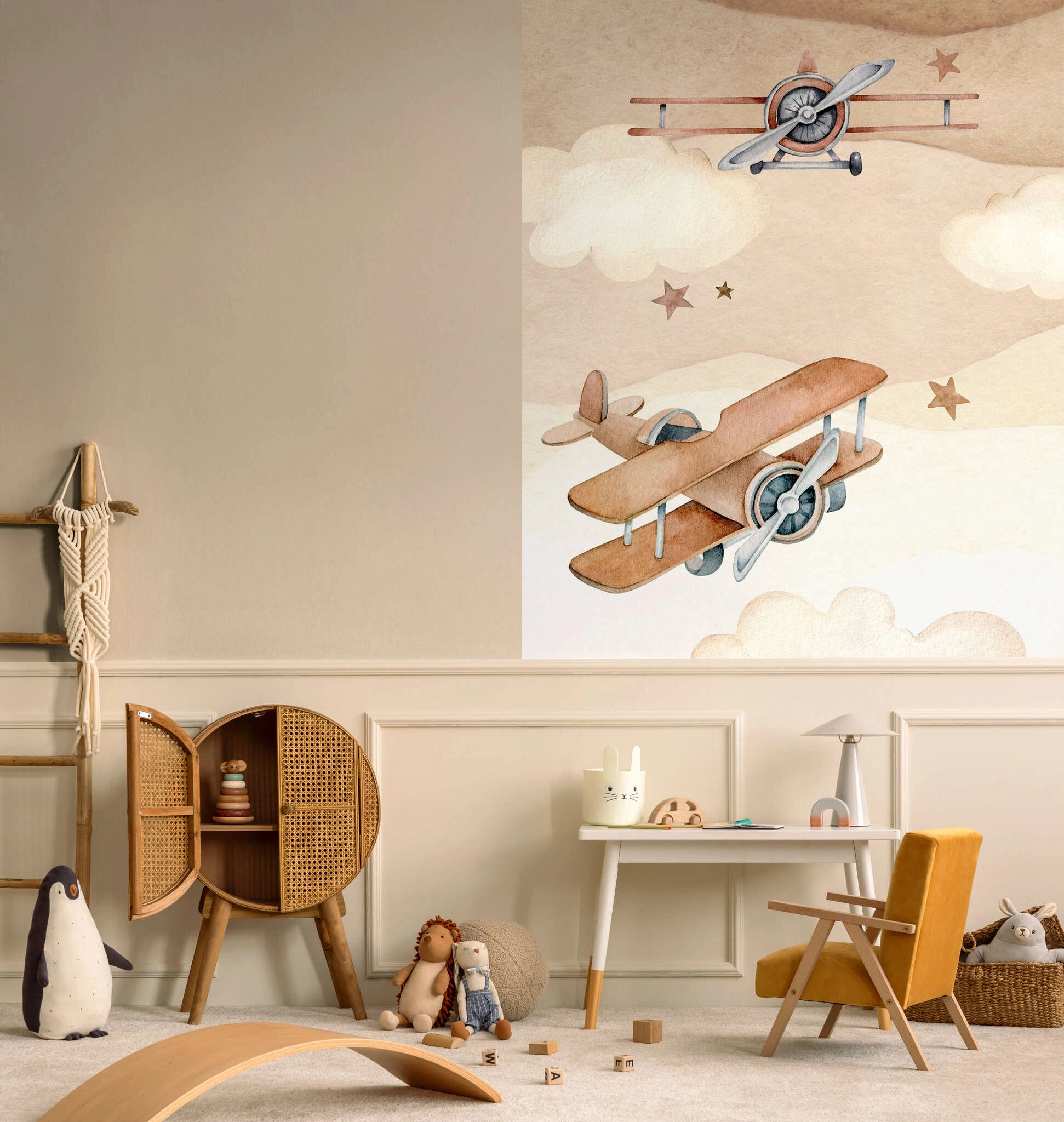 Gyerek fotótapéta repülő mintával barna színben