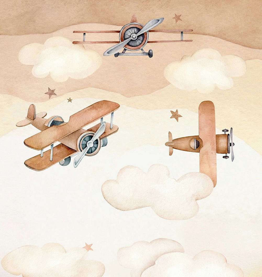 Gyerek fotótapéta repülőgép mintával barna színben