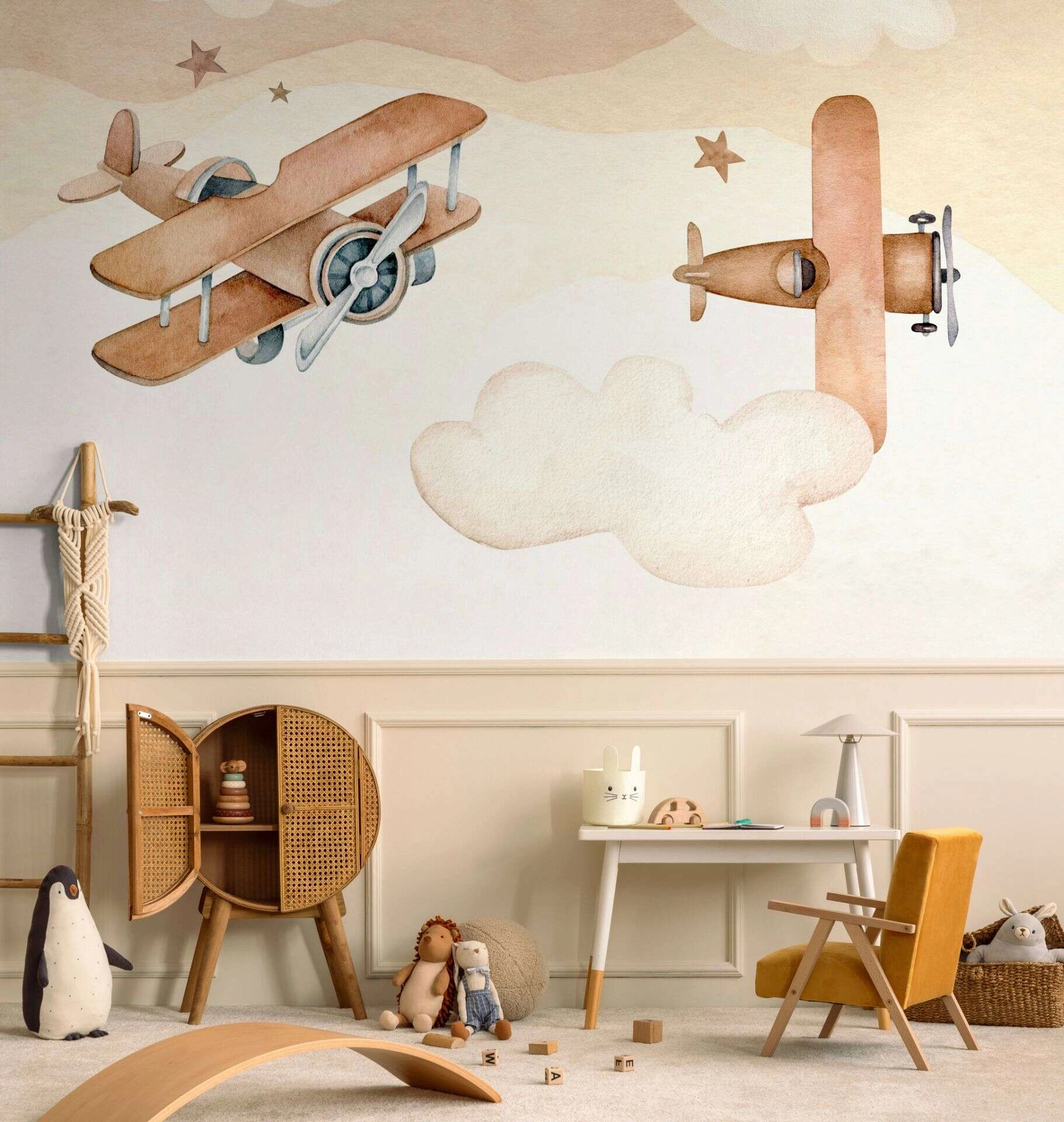 Gyerek posztertapéta repülőgép mintával barna színben