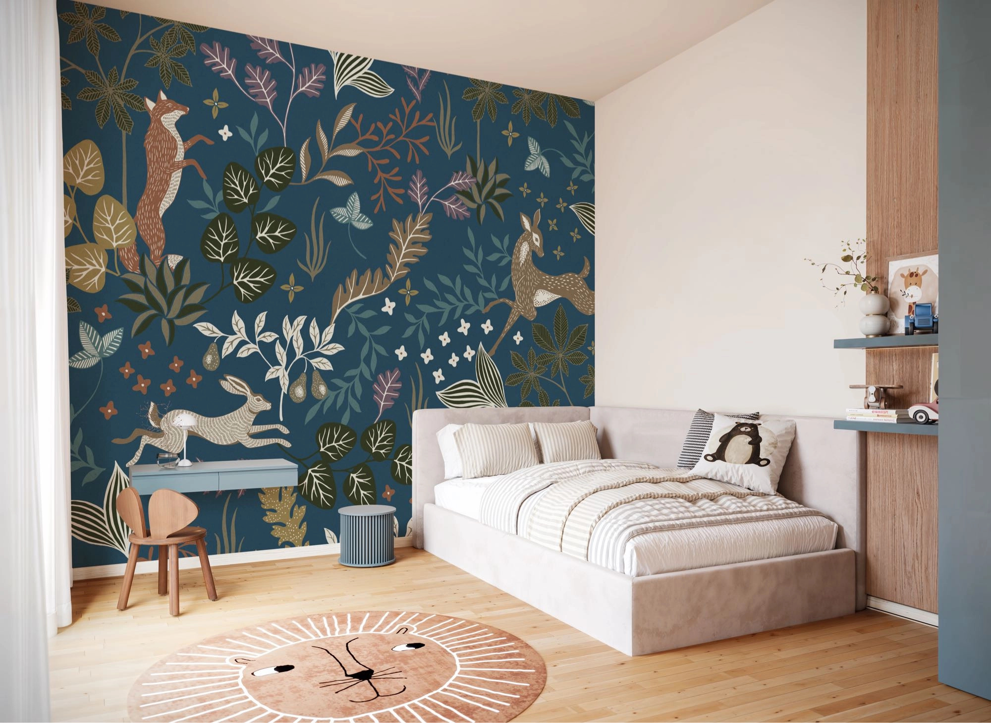 Gyerek fotótapéta skandi stílusú rajzolt erdei állatos mintával