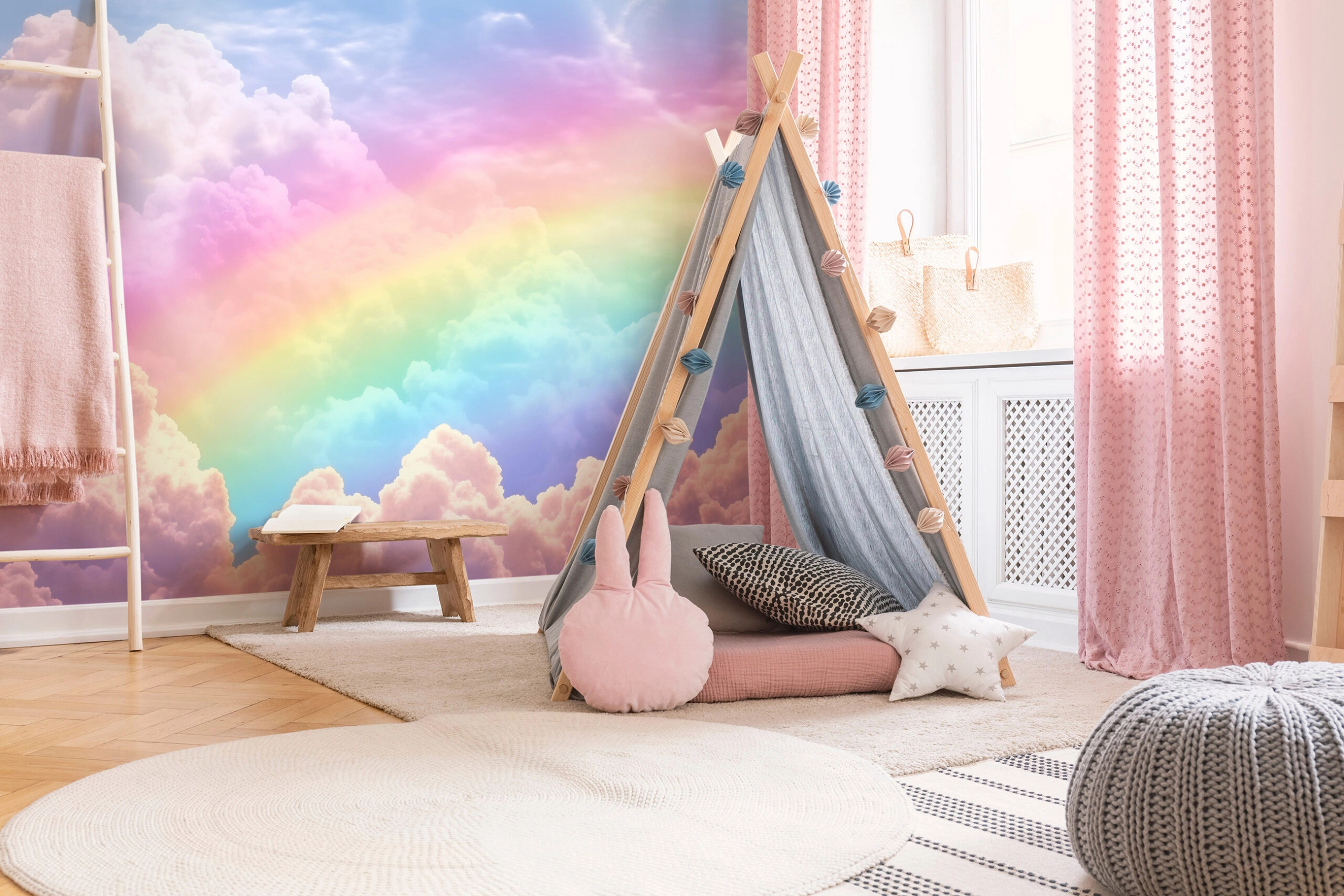 Szivárvány a felhők között gyerek fotótapéta lágy pasztell színekkel 368x254 vlies