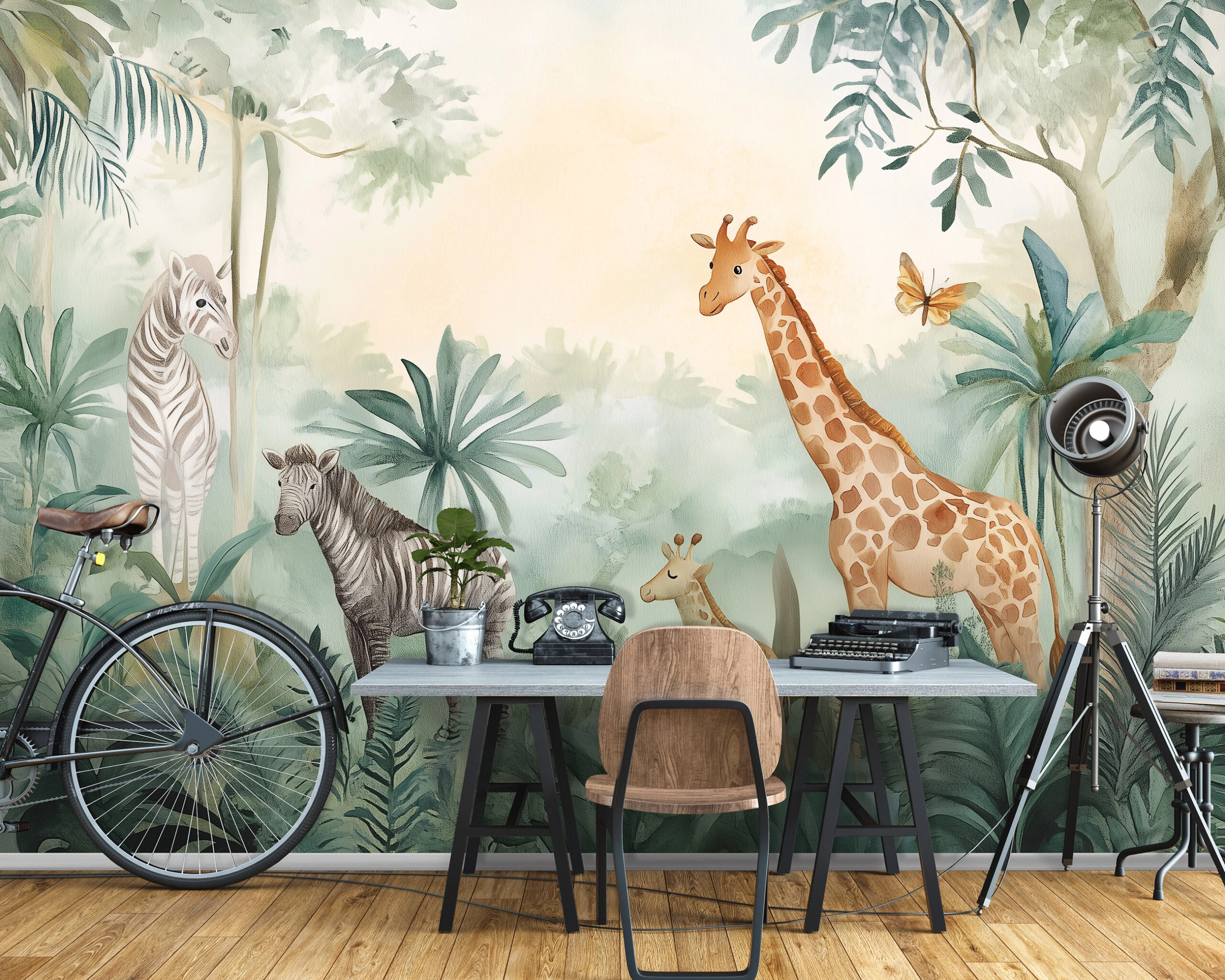 Gyerek fotótapéta trópusi erdő széle zebrákkal és zsiráfokkal mintával 368x254 vlies