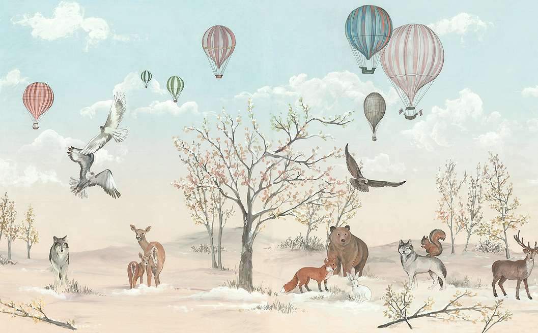 Gyerek poszter tapéta légballon és állatos mintával