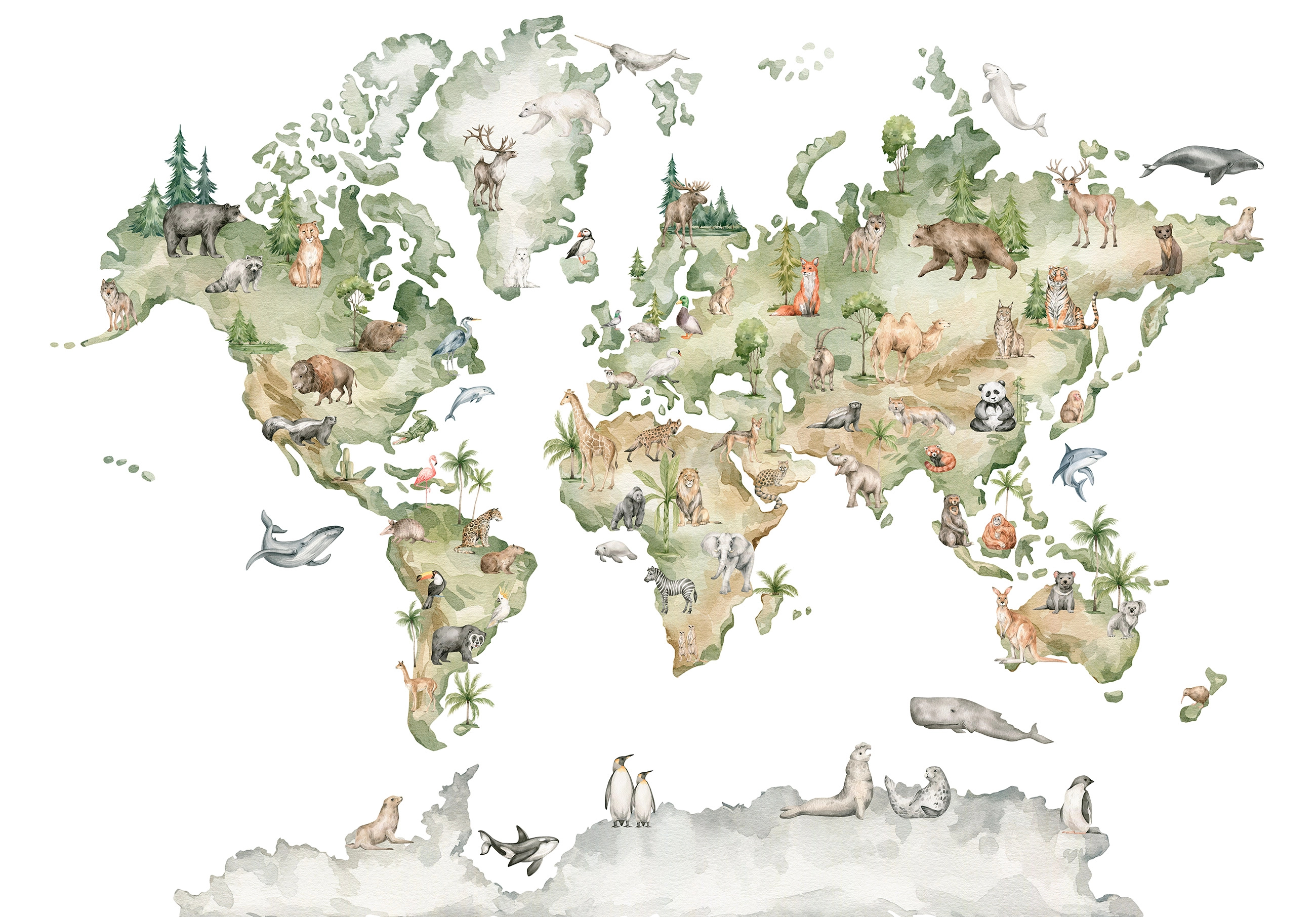Gyerek poszter tapéta világtérkép és állat mintákkal 368x254 vlies