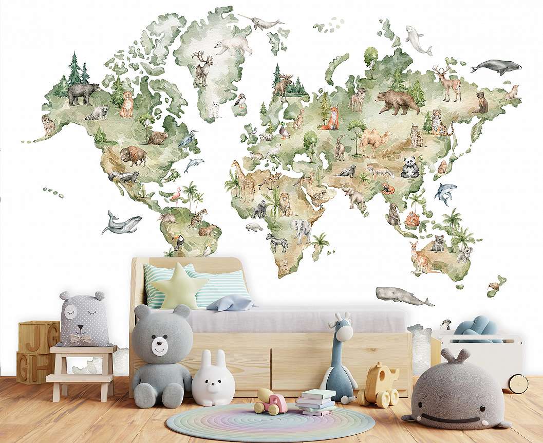 Gyerek poszter tapéta világtérkép és állat mintákkal 368x254 vlies