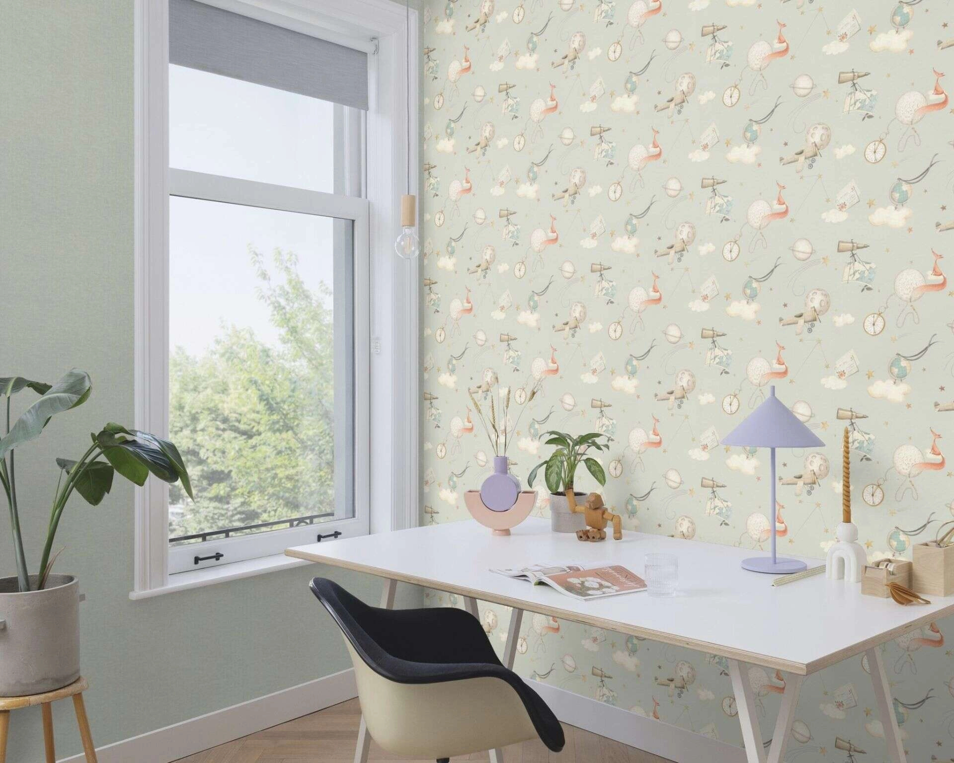 Gyerek tapéta csillagász róka mintával kékes szürke színben