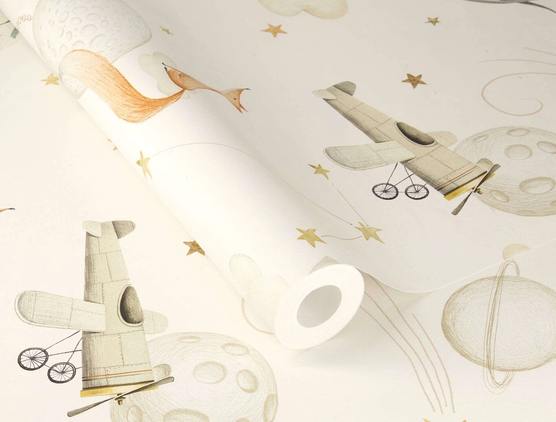 Gyerek tapéta csillagász róka mintával krém színben