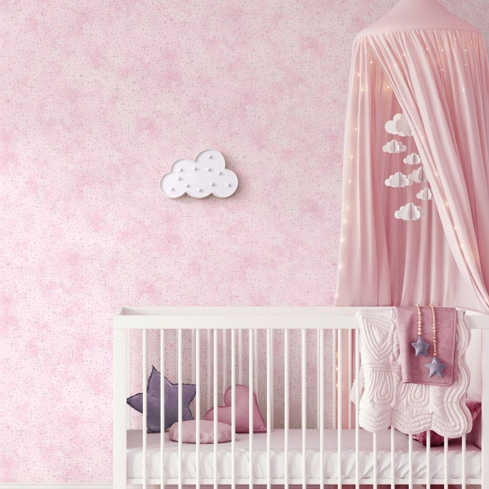 Gyerek tapéta csillámos színes felhő mintával rózsaszín színben